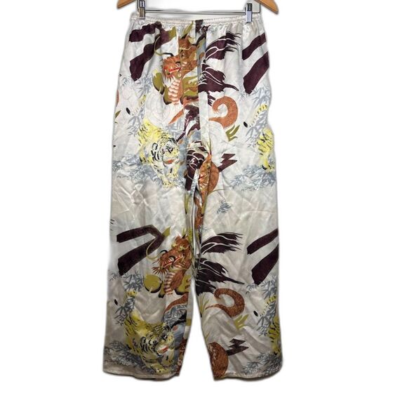 Max Nugus Pants Women's Size 26 Cream Asian Inspired Tiger Dragon Wide Leg Satin - Picture 1 of 5